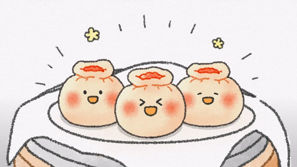 접시 위 웃는 만두 세 개의 2D 그림